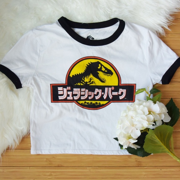 Forever 21 Japanese Jurassic Park White Crop Top
